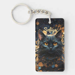 A mysterious majestic black cat glitter name keychain