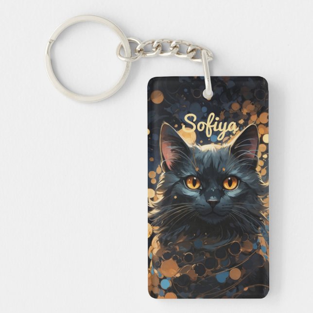 A mysterious majestic black cat glitter name keychain (Front)