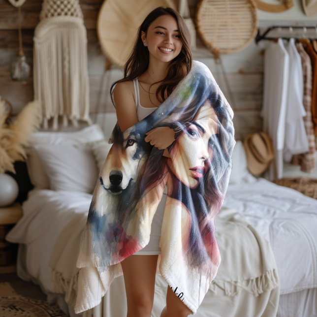 A mystical bond between a Native Indian and a wolf Fleece Blanket (Creator Uploaded)