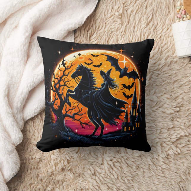 A mystical Halloween horse ride under a full moon Throw Pillow (Blanket)