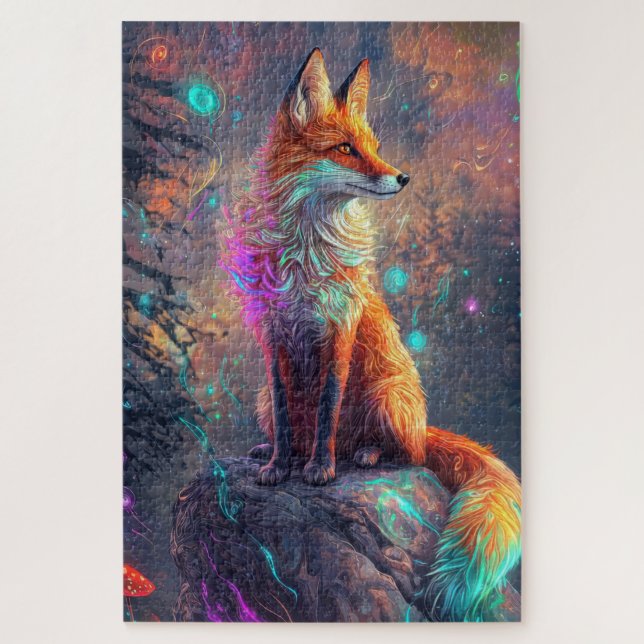 A mystical red fox perched on a glowing rock jigsaw puzzle (Vertical)