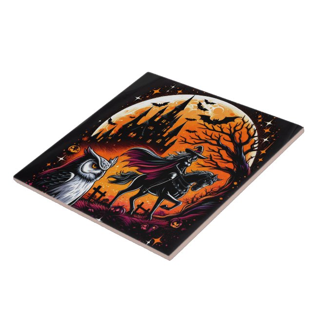 A mystical ride with a Halloween horse at night Tile (Side)