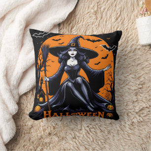 A mystical witch celebrates Halloween at twilight Throw Pillow