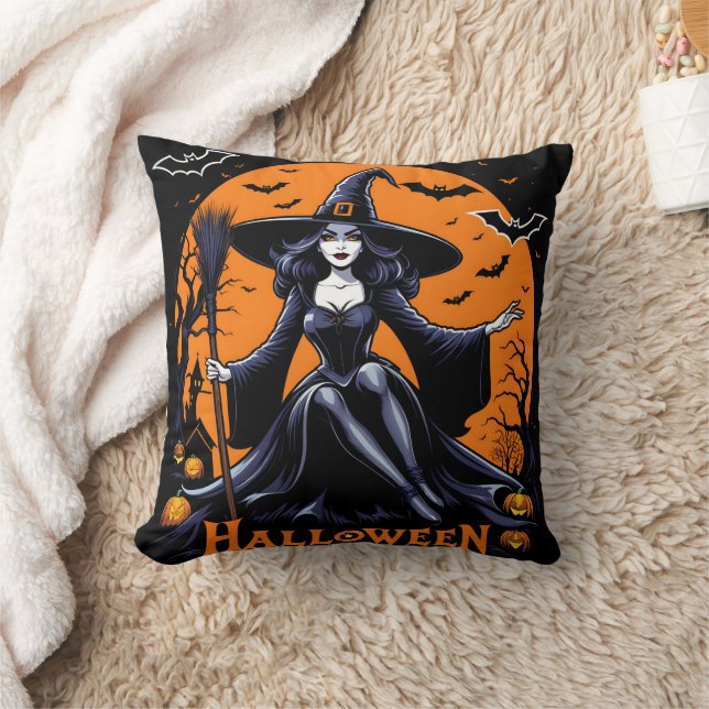 A mystical witch celebrates Halloween at twilight Throw Pillow (Blanket)