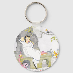 A Nap on Garden Bench Under Cherry Tree Keychain
