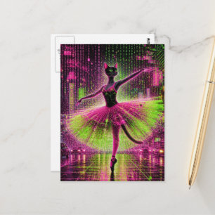 A neon black ballet cat in the cyberpunk city postcard