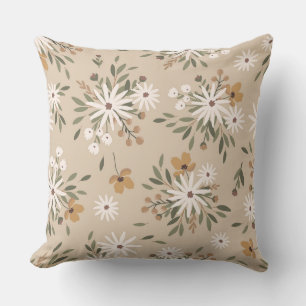 A neutral beige colour with white and peach flower throw pillow
