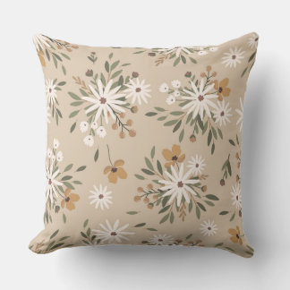 A neutral beige colour with white and peach flower throw pillow