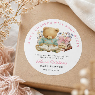 A New Chapter Bear Girl Book Baby Shower Thank you Classic Round Sticker