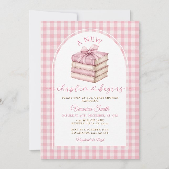 A New Chapter Begin Book Pink Gingham Baby Shower Invitation (Front)
