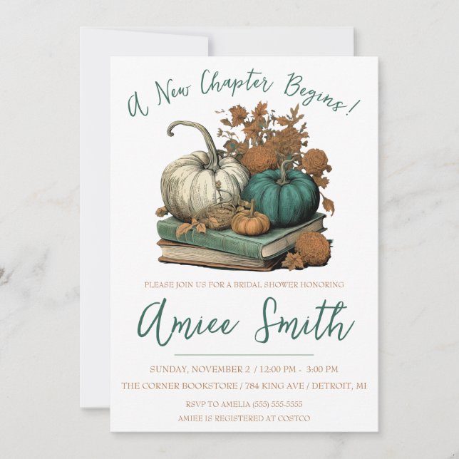 A New Chapter Begins! Autumn Pumpkin Bridal Shower Invitation (Front)