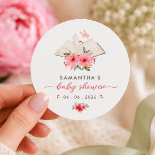 A new chapter begins  baby shower  classic round sticker