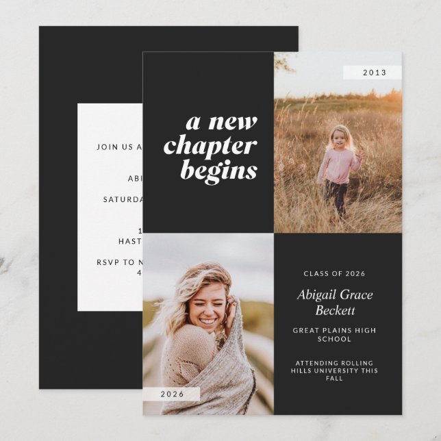 A New Chapter Begins Black Graduation Invitation (Front/Back)