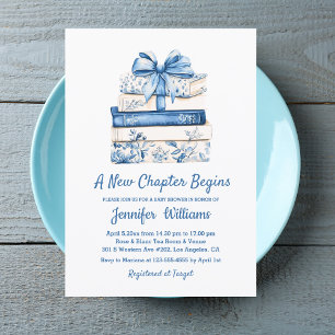 a new chapter begins blue bow books baby shower  invitation