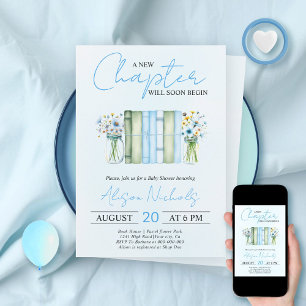 A New Chapter Begins book boy blue baby shower Invitation