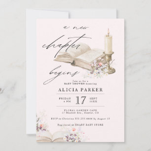A new chapter begins book pink girl baby shower invitation