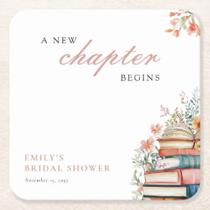 A New Chapter Begins Books Bridal Shower Square Paper Coaster