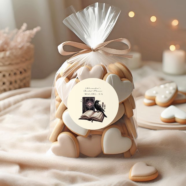 A new chapter begins dark raven bridal shower classic round sticker (Creator Uploaded)