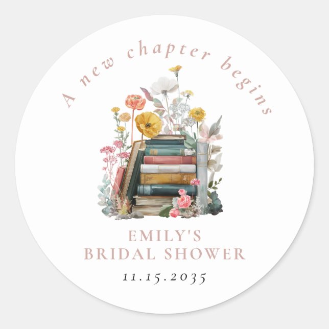 A New Chapter Begins Floral Books Bridal Shower Classic Round Sticker (Front)