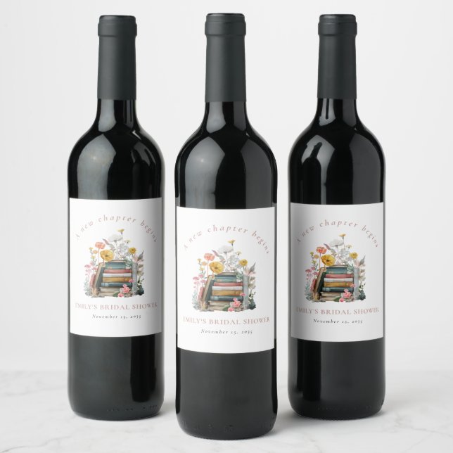 A New Chapter Begins Floral Books Bridal Shower Wine Label (Bottles)