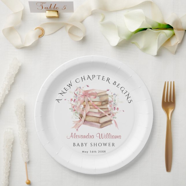 A New Chapter Begins Pink Bow Book Baby Shower Paper Plate (Wedding)