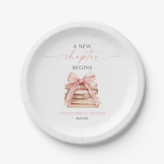 A New Chapter Begins Pink Bow Books Bridal Shower Paper Plate (Front)