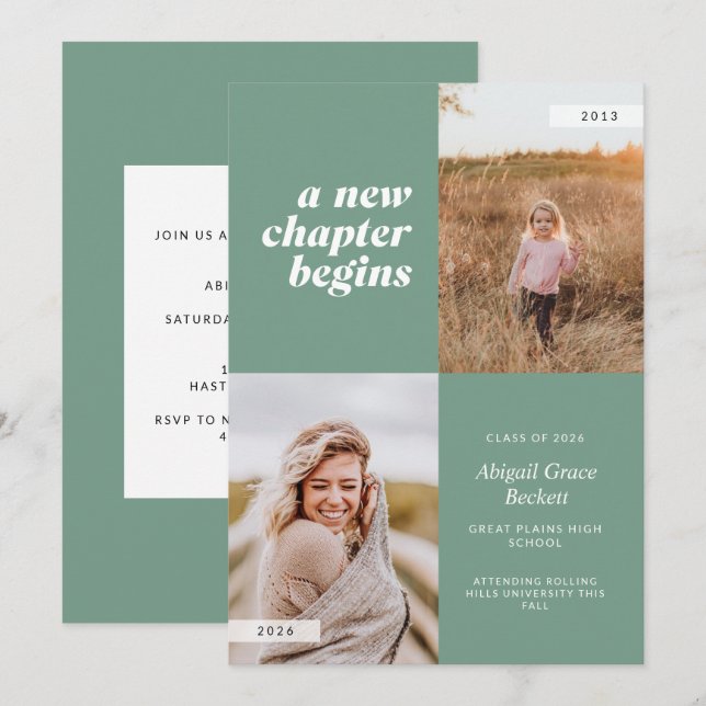 A New Chapter Begins Sage Graduation Invitation (Front/Back)