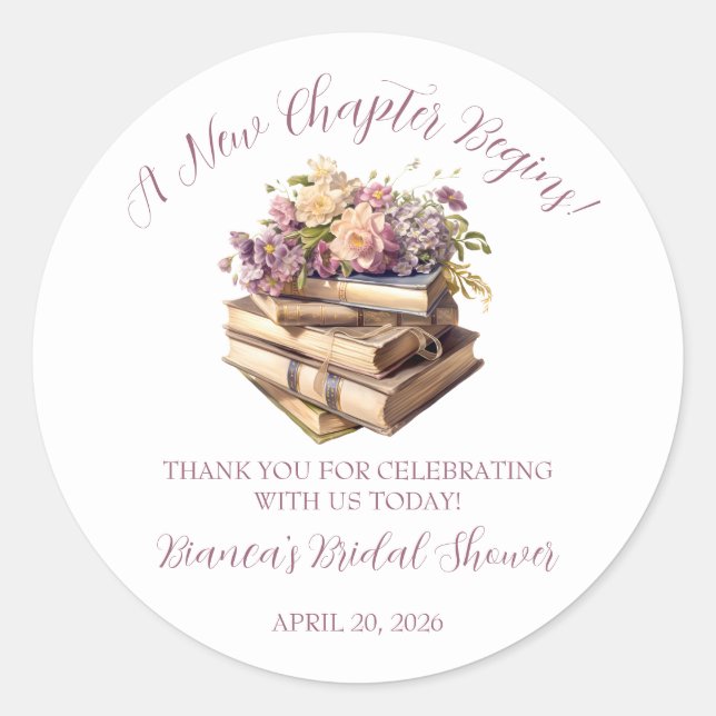 A New Chapter Begins! Spring Floral Bridal Shower Classic Round Sticker (Front)