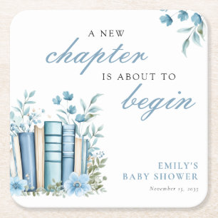 A New Chapter Blue Baby Shower Square Paper Coaster