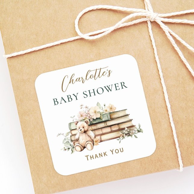 A New Chapter Floral Book Baby Shower Favor Square Sticker (Creator Uploaded)