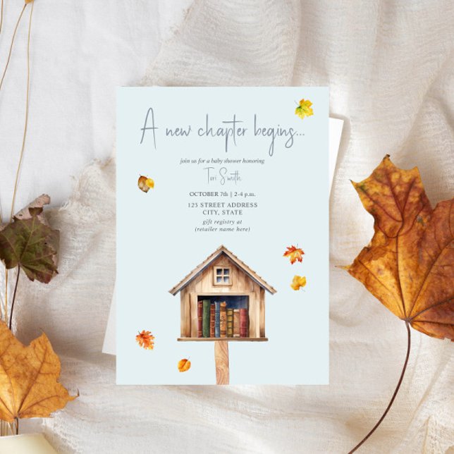 A New Chapter Library Fall Books Blue Baby Shower  Invitation (Creator Uploaded)