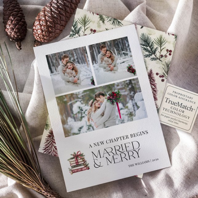 A New Chapter Married & Merry Newlywed 3 Photo Holiday Card (Creator Uploaded)