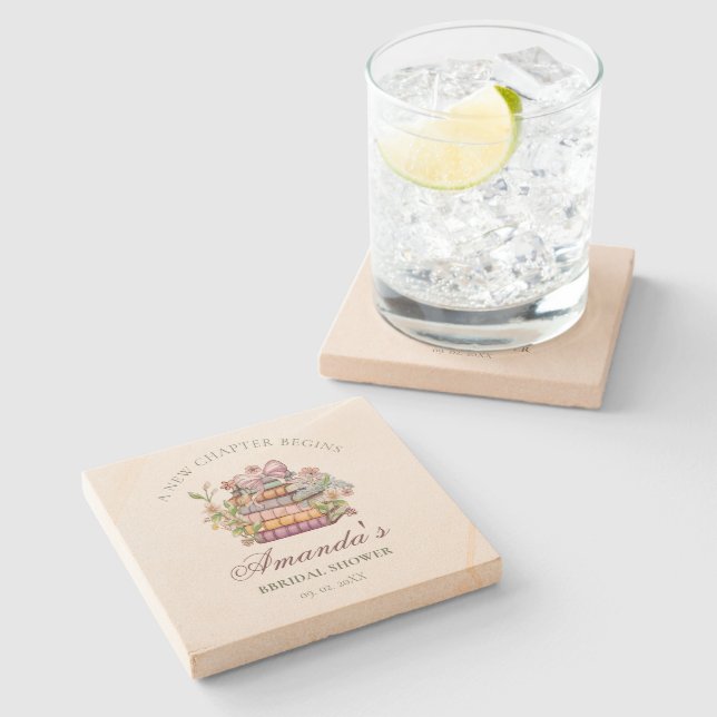 A New Chapter Story Book Bridal Shower Stone Coaster (Side)