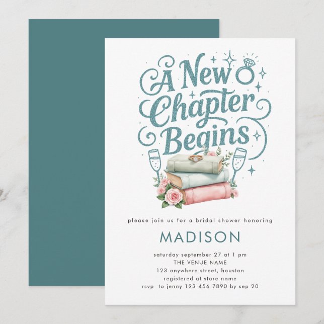 A New Chapter Teal Faux Glitter Bridal Shower Invitation (Front/Back)