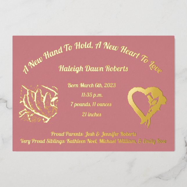 A New Hand To Hold Foil & Photo Birth Announcement (Front)