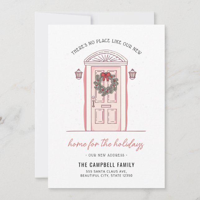 A New Home for Holidays | Modern Pink Door Holiday Announcement (Front)