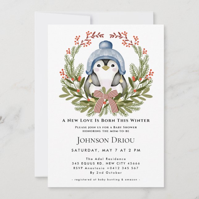 A New Love Is Born This Winter Winter Penguin Baby Invitation (Front)