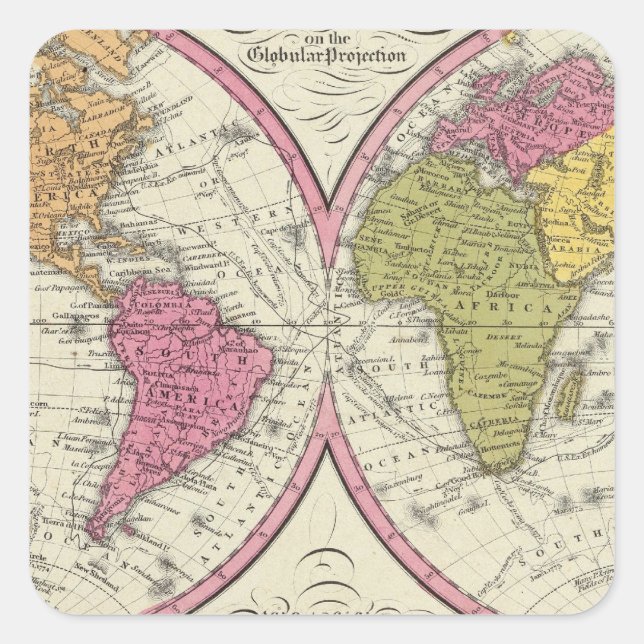 A New Map Of The World on the Globular Projection Square Sticker (Front)