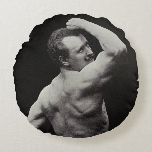 A New Pose by StrongMen Eugen Sandow Bodybuilding Round Pillow (Front)