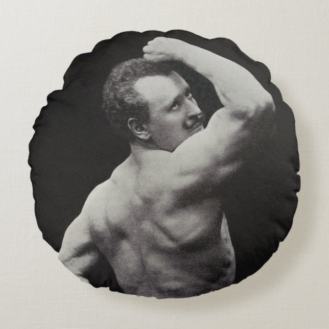 A New Pose by StrongMen Eugen Sandow Bodybuilding Round Pillow (Front)