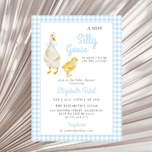 A New Silly Goose Blue Gingham Baby Shower Invitation