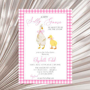 A New Silly Goose Pink Gingham Baby Shower Invitation