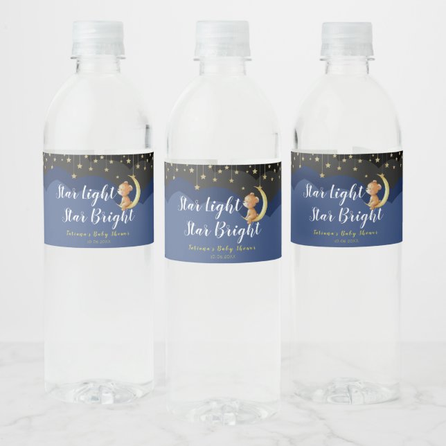 A Newborn Star Night Sky Bear On Moon Baby Shower Water Bottle Label (Bottles)
