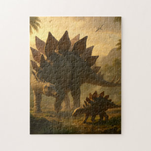 A noble adult Stegosaurus gently guiding its young Jigsaw Puzzle
