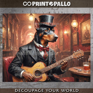 A noble doberman dog playing guitar in a pub -  tissue paper