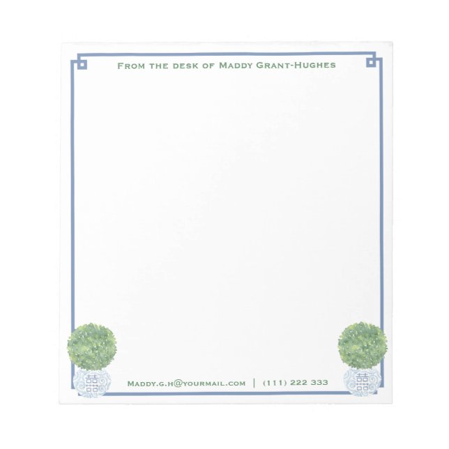 A Note From | Chic Blue Greek Key Boxwood Topiary (Front)