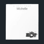 A Note from Custom Name Photographer camera<br><div class="desc">Give her a note pad that's her very own with a hint of her favourite hobby,  photography. Featuring a classic hand held camera in black on the corner with the words "A note from" with a customizable name. Simple,  minimalist design.</div>