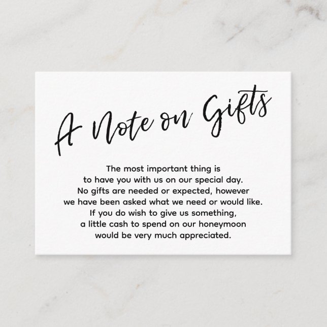 A Note on Gifts Casual Handwriting Wedding, White Enclosure Card (Front)