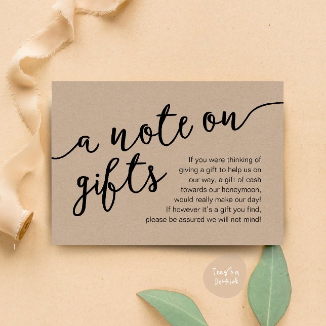 A Note On Gifts, Honeymoon Fund Cash Wish Enclosure Card (Honeymoon Fund Cash Wish, a note on gifts Enclosure Card Rustic Brown Kraft Background)