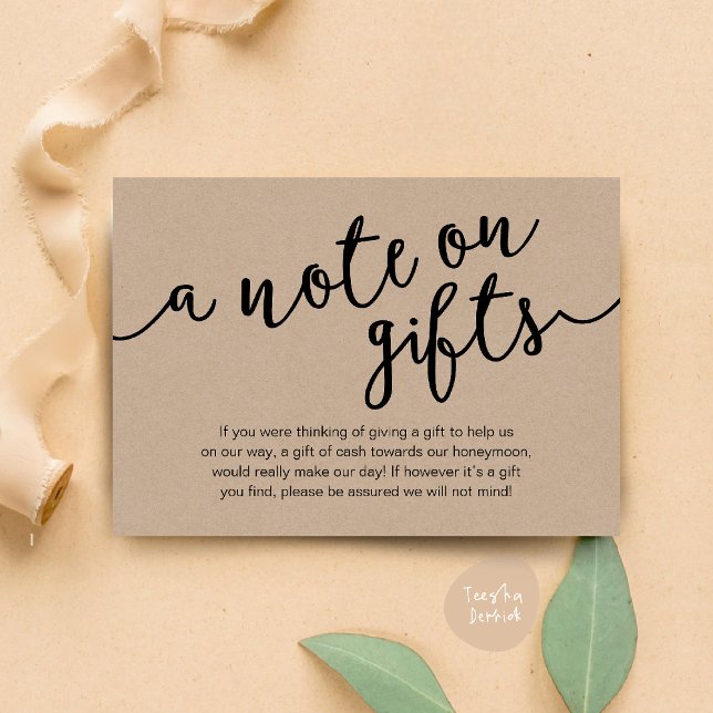 A Note On Gifts, Honeymoon Fund Cash Wish Enclosure Card (Honeymoon Fund Cash Wish, a note on gifts Enclosure Card Rustic Brown Kraft Background)
